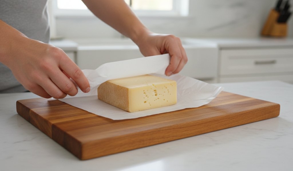 wrapping a block of cheese in parchment paper on a wooden board for proper cheese storage