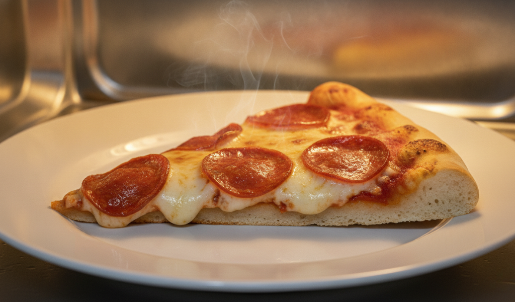 Pepperoni pizza resting on inside a microwave cavity.