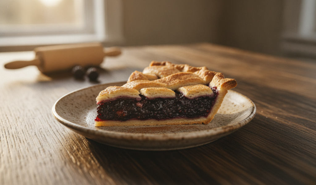 Fresh slice of double-crust fruit pie resting on a handcrafted ceramic plate on a wooden kitchen table.