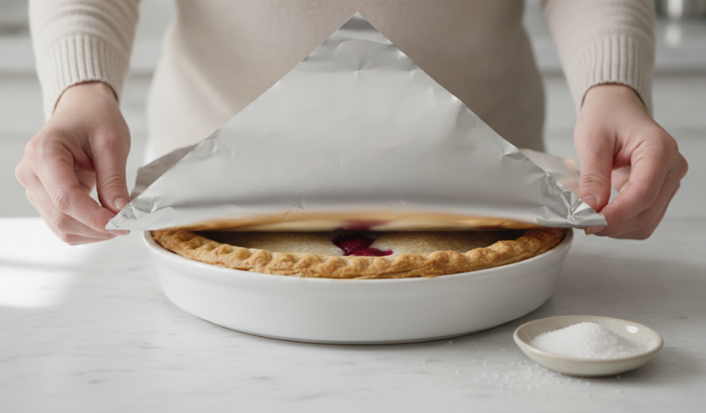 Use a aluminum foil over a pie dish to cover the exposed filling sections without trapping steam.