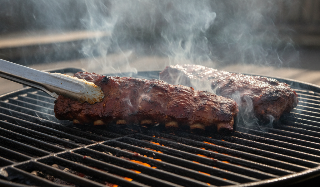 Placed leftover BBQ ribs directly over hot, cast-iron grill grates.