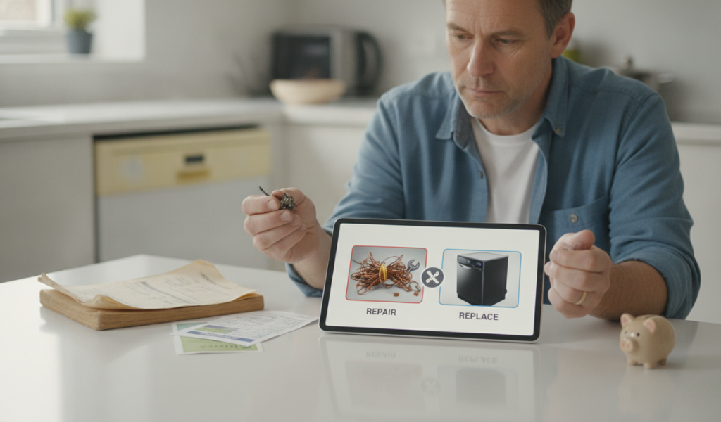 A tablet showing "repair vs. replace" options for an appliance