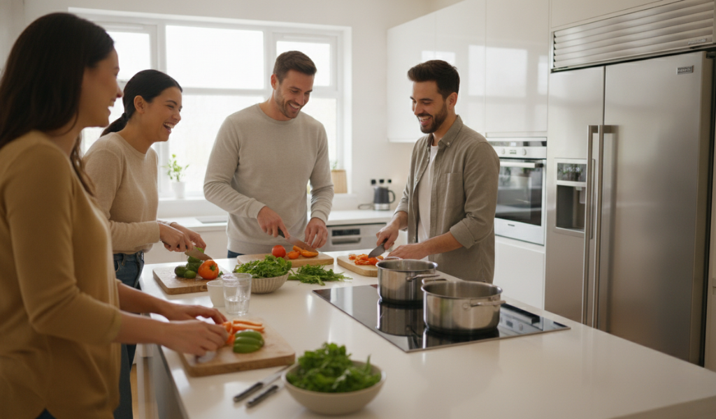  A group of friends cooking together in a clean, modern kitchen with new appliances.
