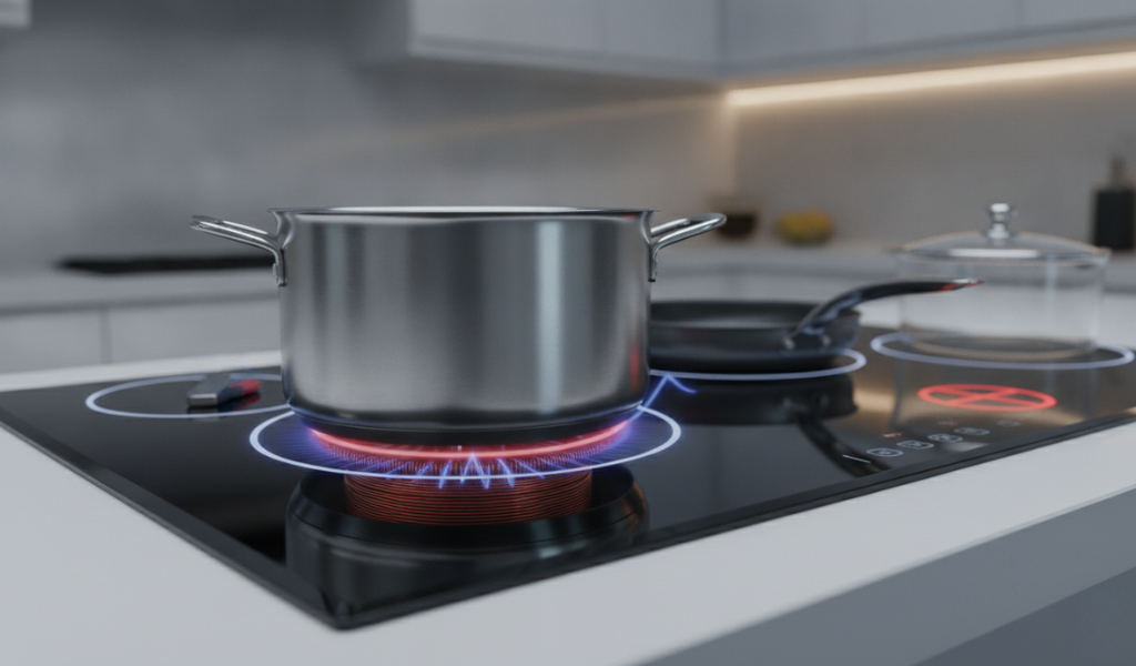 An induction cooktop with a pot on it, showing magnetic fields and heat transfer