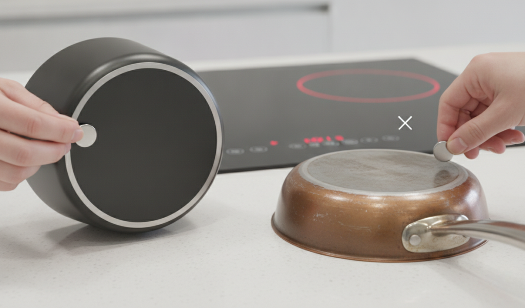   Testing two different pots with magnets; one magnet sticks, indicating induction compatibility, while the other does not.