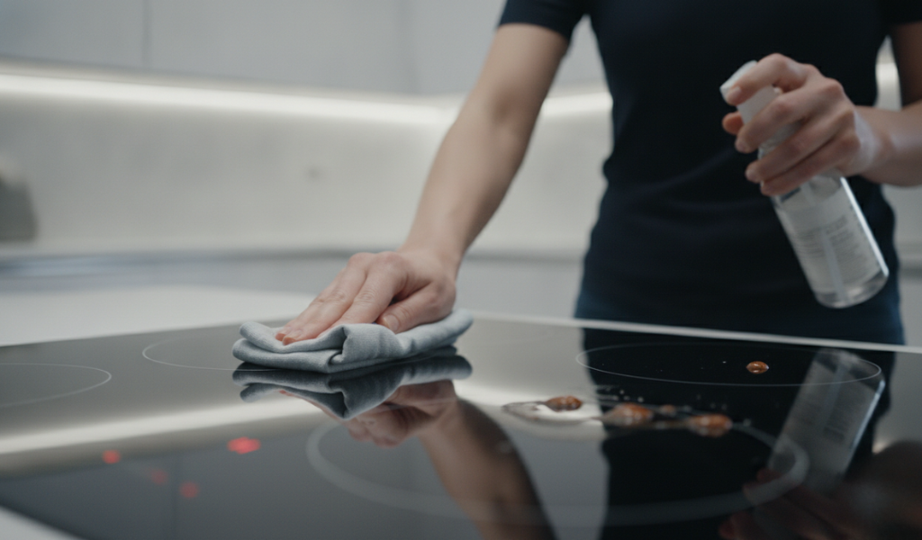 A person cleaning a black induction cooktop with a cloth and spray