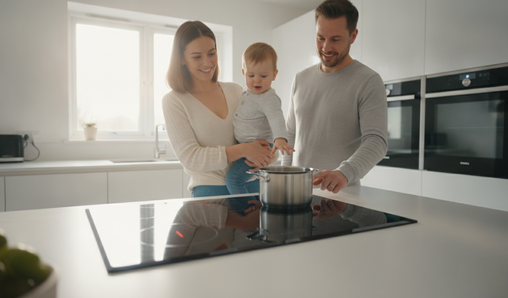 A happy couple with a baby, safely cooking on an induction cooktop in a bright, modern kitchen.