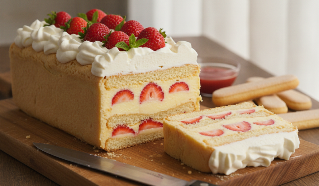 A sliced no-bake strawberry shortcake loaf on a wooden cutting board