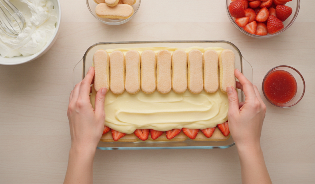 An overhead shot of hands layering ladyfingers over a spread of creamy pudding and sliced strawberries 