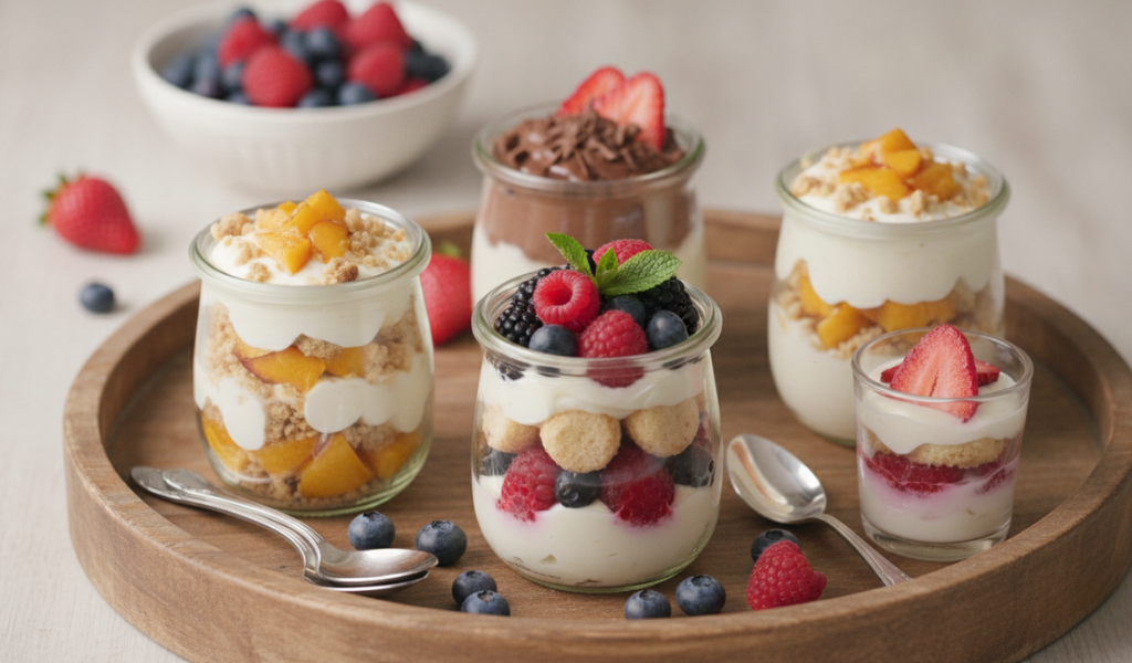  Individual no-bake desserts in glass jars, featuring different fruit and cream combinations like berries, peaches, and chocolate,