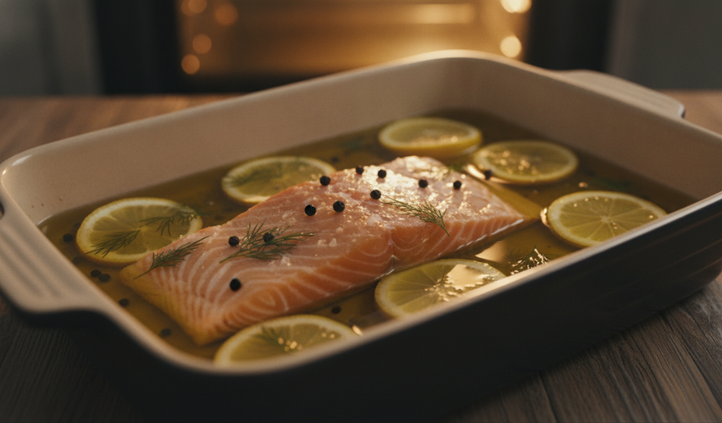 A raw salmon fillet submerged in olive oil with lemon slices and peppercorns in a baking dish, ready for confit cooking, with the warm glow of an oven in the soft-focus background.