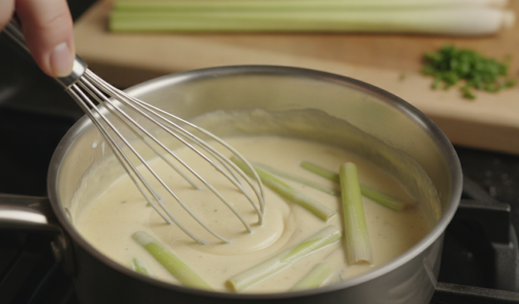  A hand whisking a creamy, light yellow sauce in a stainless steel saucepan, with pieces of lemongrass infusing the mixture