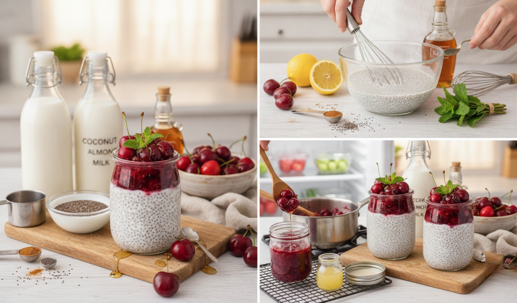 A vibrant and appealing feature image of a layered cherry chia seed pudding in a glass jar, garnished with fresh cherries and mint