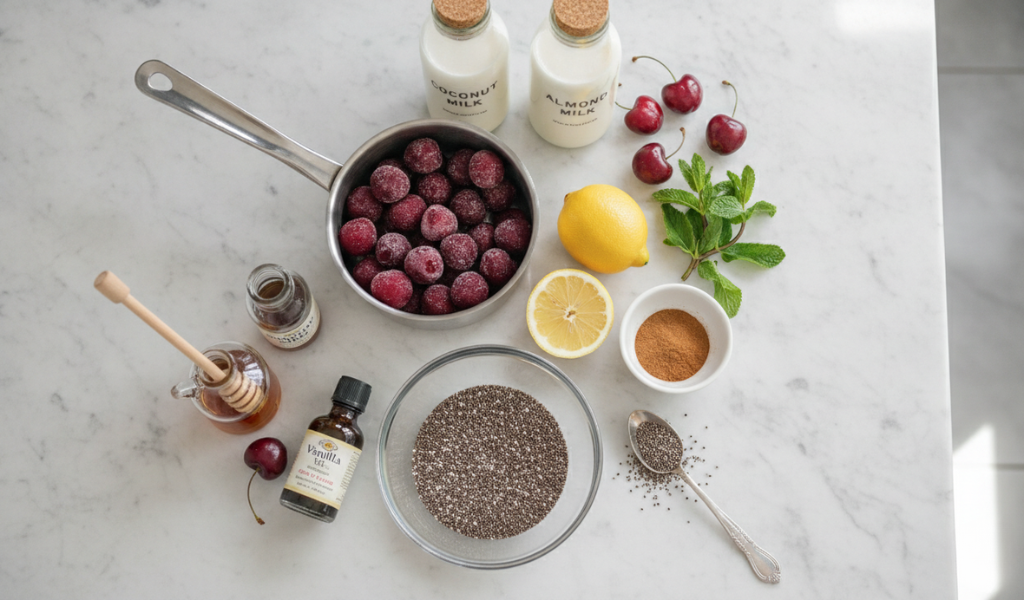  Overhead shot displaying all ingredients for cherry chia seed pudding and compote neatly arranged on a white marble counter, including coconut milk, almond milk, chia seeds, frozen cherries, lemon, maple syrup, vanilla extract, and cinnamon.
