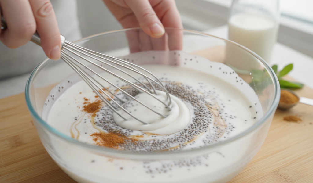 Close-up of hands whisking chia seeds, plant-based milk, cinnamon, and maple syrup in a clear glass bowl on a wooden cutting board, demonstrating the initial mixing step for the chia pudding base.