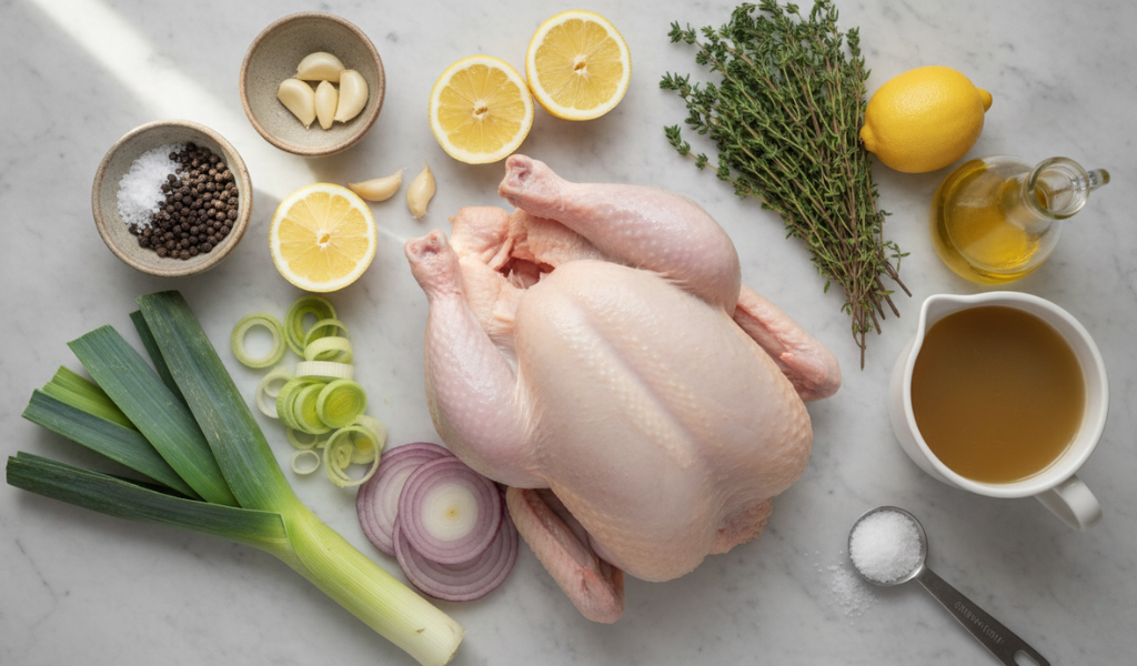 An overhead view of various fresh ingredients for roasted chicken laid out on a clean white surface, including a whole chicken, lemons, garlic, fresh thyme, leeks, onions, olive oil, salt, and pepper.
