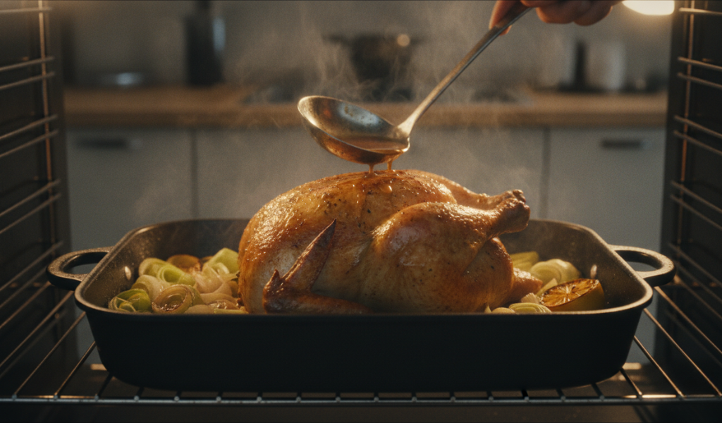 visually represent the chicken cooking in the oven and the basting process.