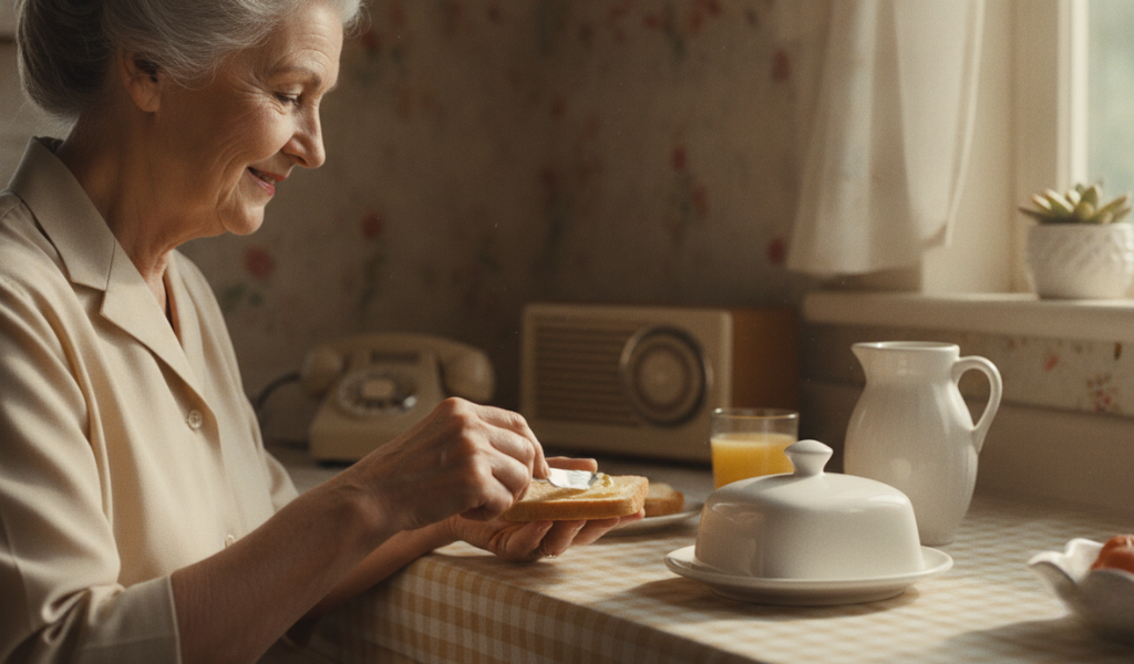  A smiling elderly woman spreading soft butter on toast in a warm, nostalgic kitchen, with a traditional covered butter dish nearby, highlighting the historical practice of keeping butter at room temperature.