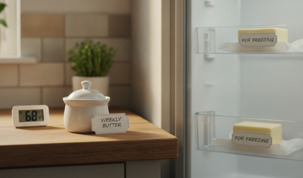 A small, covered butter dish labeled "Weekly Butter" on a kitchen counter next to a digital thermometer displaying 68°F, with a refrigerator door slightly ajar revealing additional butter blocks labeled "For Freezing," illustrating smart butter storage.
