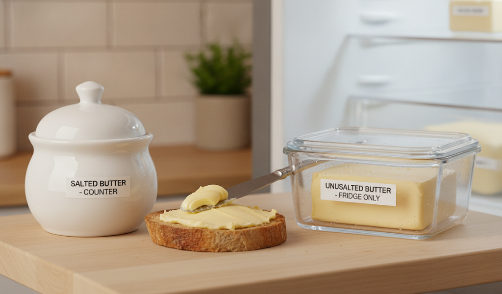  A white ceramic butter crock labeled "Salted Butter - Counter" on a wooden surface, next to a slice of toast with butter being spread, and a clear glass container labeled "Unsalted Butter - Fridge Only" 