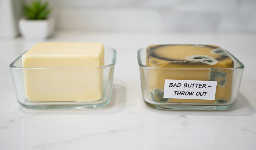 Two blocks of butter in glass containers on a white marble counter; one is fresh and pale yellow, and the other is discolored with visible mold and a label that reads "Bad Butter - Throw Out," clearly showing the signs of spoiled butter.