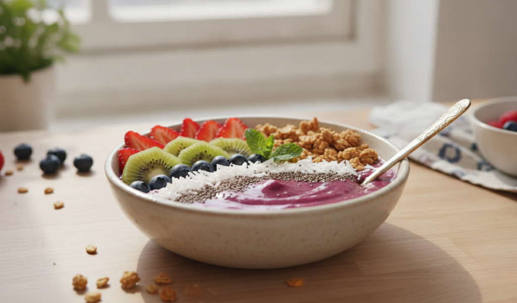Smoothie bowl topped with fresh strawberries, kiwi slices, blueberries, shredded coconut, granola, and chia seeds, with a spoon resting in it, set on a wooden table near a window. 
