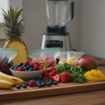 Variety of fresh and frozen fruits arranged on a wooden cutting board, including bananas, a bowl of raspberries and blueberries, sliced strawberries, mango chunks, a pineapple, and bags of frozen fruit, ready for smoothie blending.