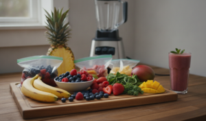 Variety of fresh and frozen fruits arranged on a wooden cutting board, including bananas, a bowl of raspberries and blueberries, sliced strawberries, mango chunks, a pineapple, and bags of frozen fruit, ready for smoothie blending.