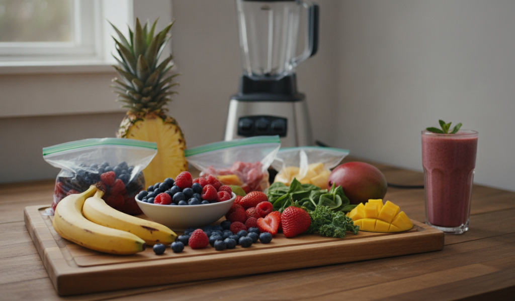 Variety of fresh and frozen fruits arranged on a wooden cutting board, including bananas, a bowl of raspberries and blueberries, sliced strawberries, mango chunks, a pineapple, and bags of frozen fruit, ready for smoothie blending.