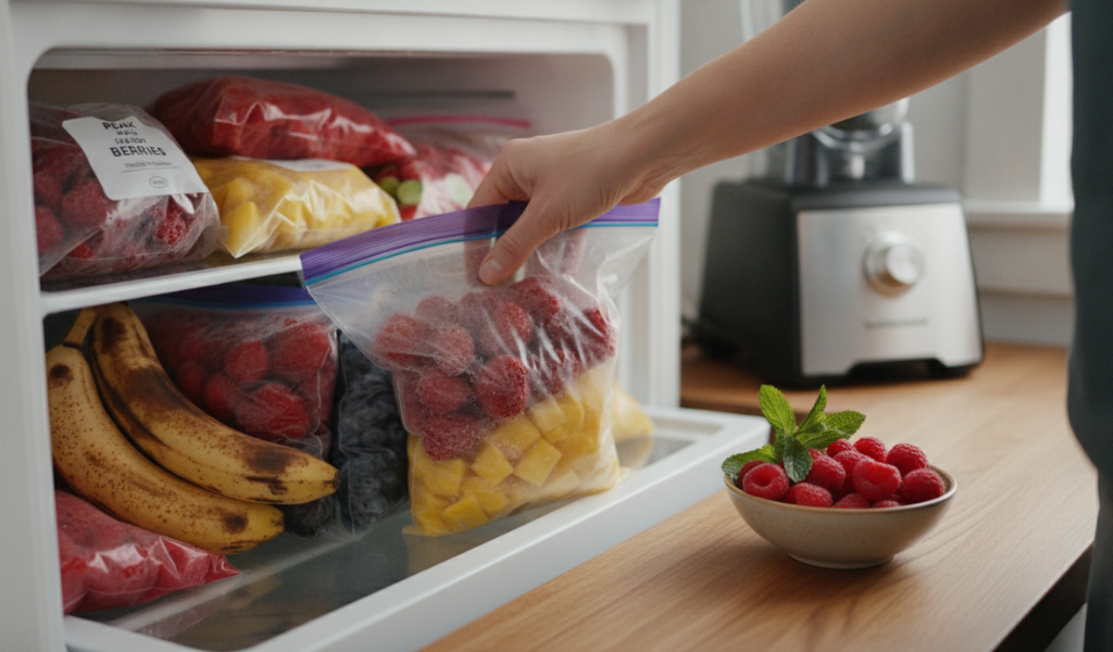 Hand reaching into a freezer to pull out a bag of mixed frozen berries and mango, with other bags of frozen fruits (strawberries, blueberries, bananas) visible on the shelves. 