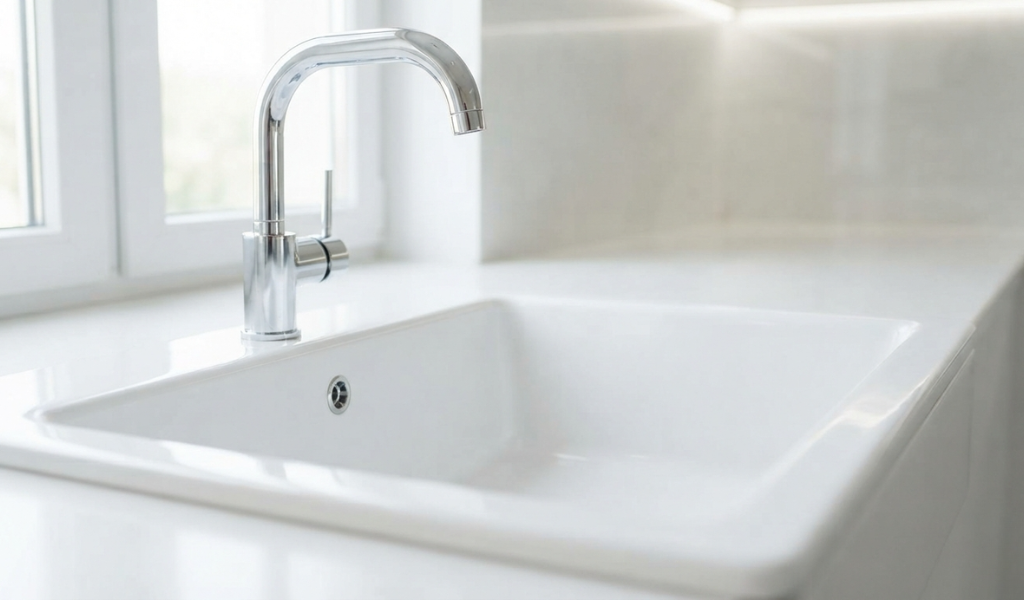 Sparkling white porcelain kitchen sink with polished chrome faucet, ready for use.