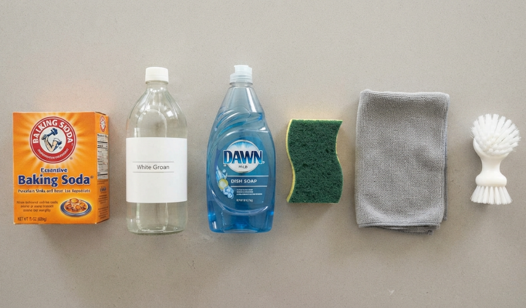 Flat lay photography of essential porcelain sink cleaning supplies: baking soda, vinegar, dish soap, sponge, microfiber cloth, and brush.