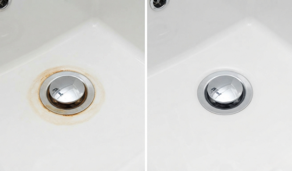 Split-screen view showing a porcelain sink drain area with a rust stain on the left, and the same area stain-free and sparkling on the right.
