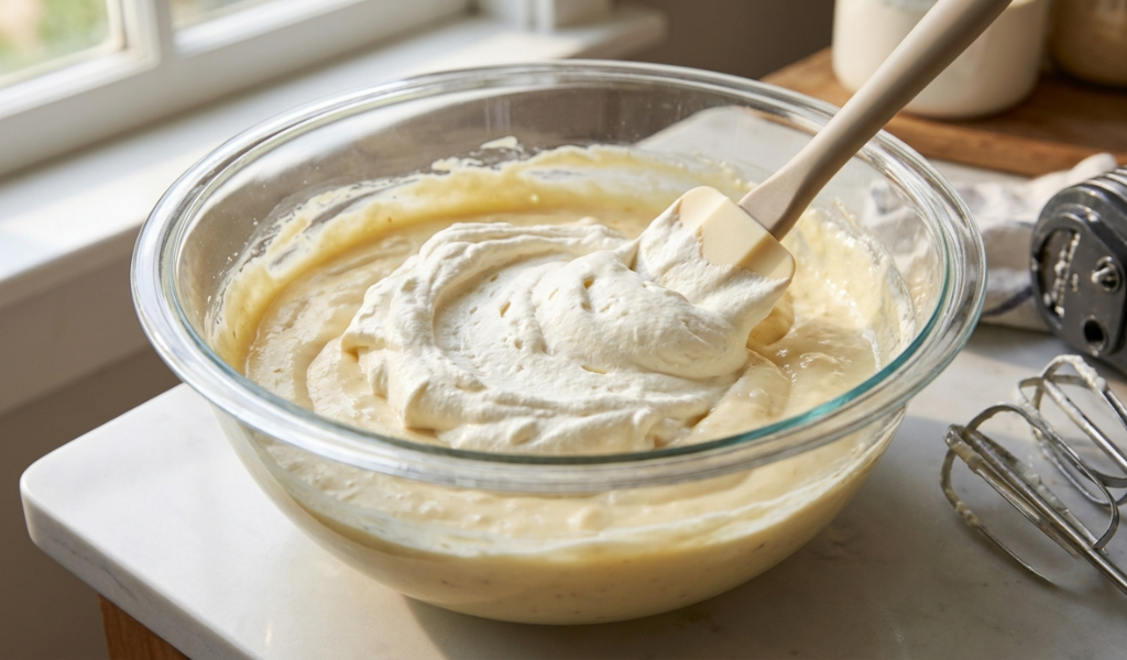 slightly elevated angle, showing a large, wide glass mixing bowl. Inside, the pale yellow, set banana pudding mixture is being gently combined with a massive scoop of ultra-fluffy, white stabilized whipped cream.