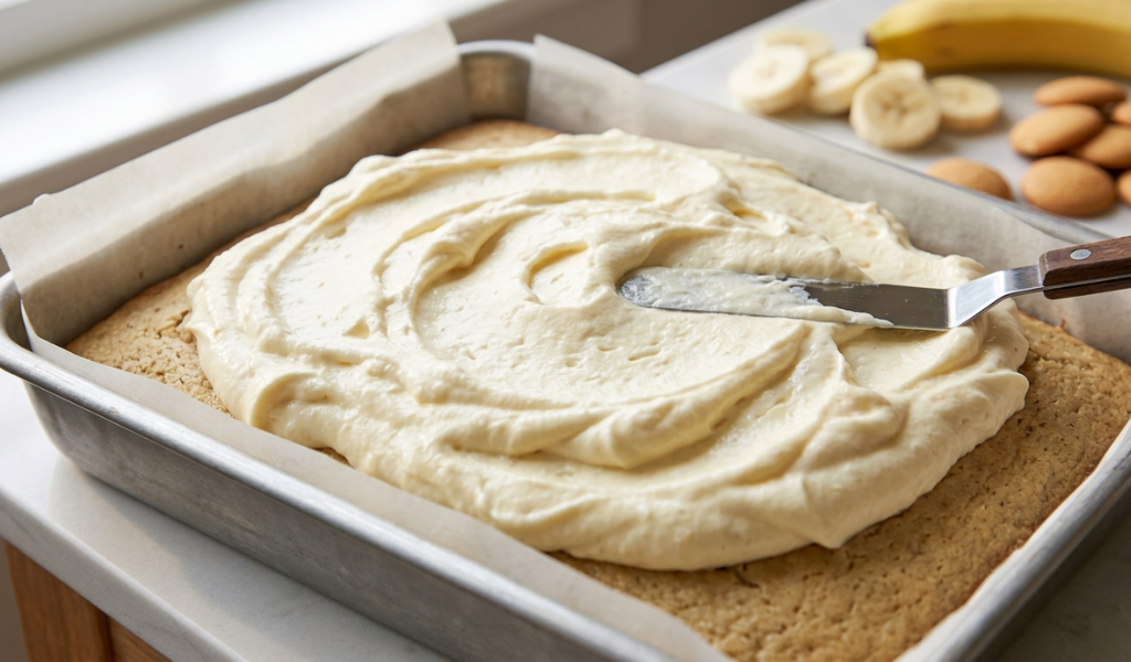 Banana Pudding Sheet Cake. A light, airy, stabilized pudding cream—the result of the gentle folding shown previously—is being generously swirled onto the moist cake surface using a small offset spatula.