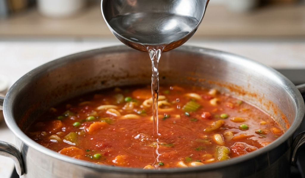 Adding a stream of clear water into a stainless steel pot of bubbling tomato-vegetable soup, demonstrating how to dilute saltiness.
