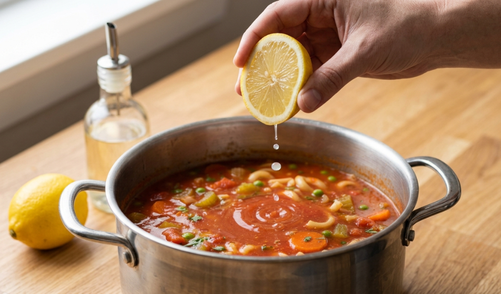 Squeezing fresh lemon juice into a pot of red vegetable soup, showing how acid is used to balance excessive salt flavor.