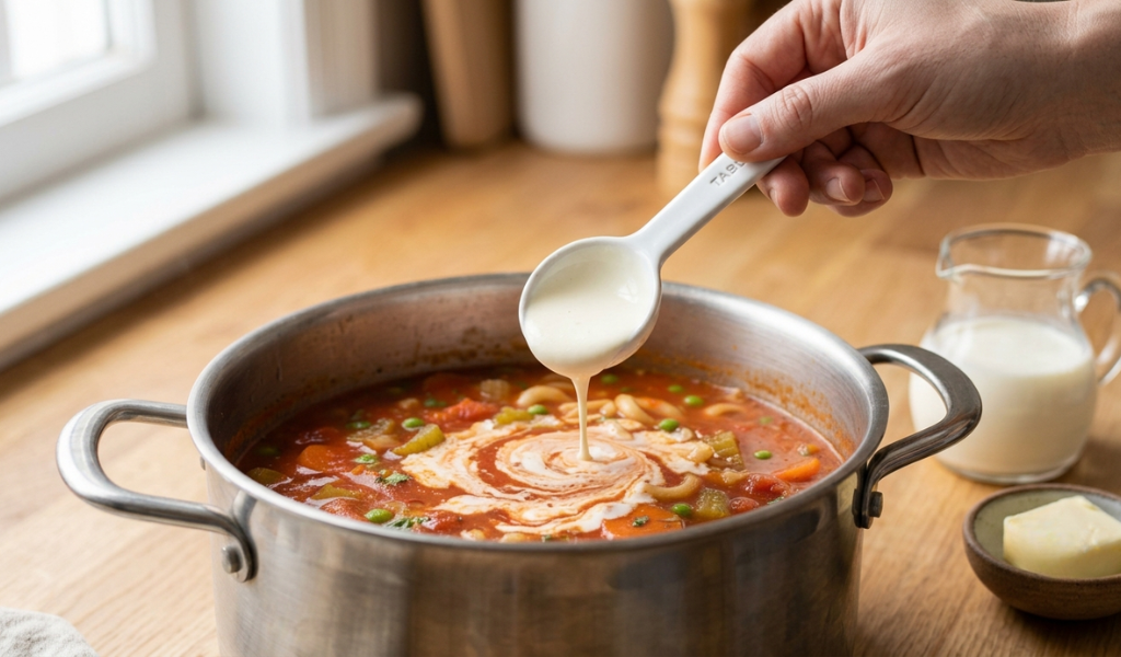 Heavy cream being swirled from a spoon into a simmering pot of red soup, showing how dairy integrates to soften intense, salty flavor.