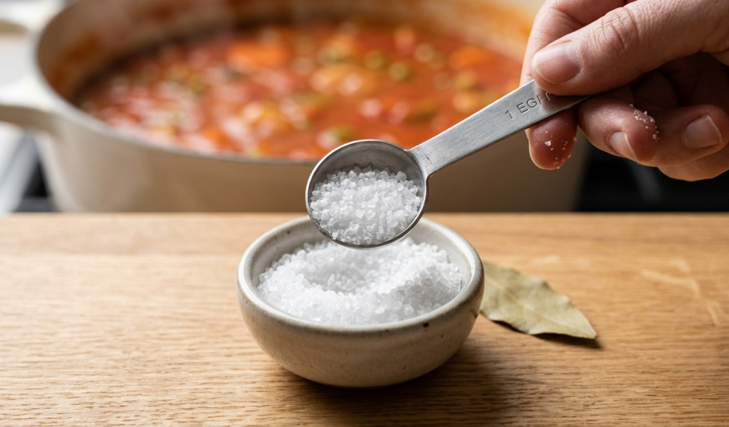 A close-up view of coarse kosher salt being measured with a stainless steel spoon above a ceramic pinch bowl, illustrating the safe method of measuring away from the cooking pot.