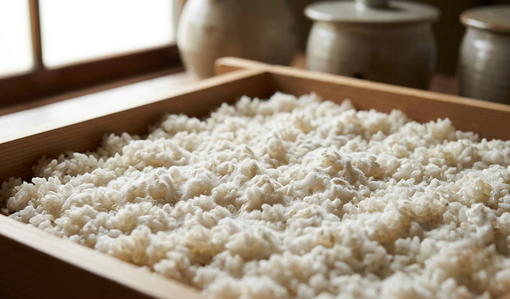 fuzzy Aspergillus oryzae (koji) mold cultivated on individual grains of steamed white rice in a traditional wooden tray.