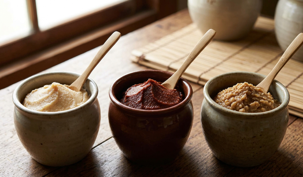 Creamy white miso, deep reddish-brown red miso, and earthier barley miso, side-by-side with bamboo spoons.