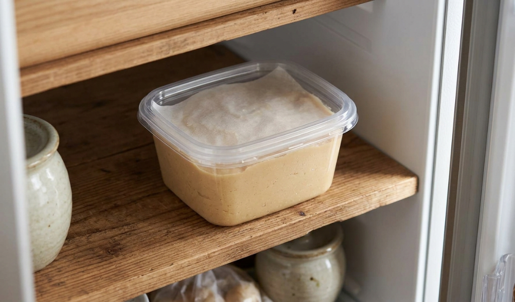 Miso stored inside a refrigerator, with a sheet of parchment paper pressed neatly onto the surface of the paste visible through the clear container.