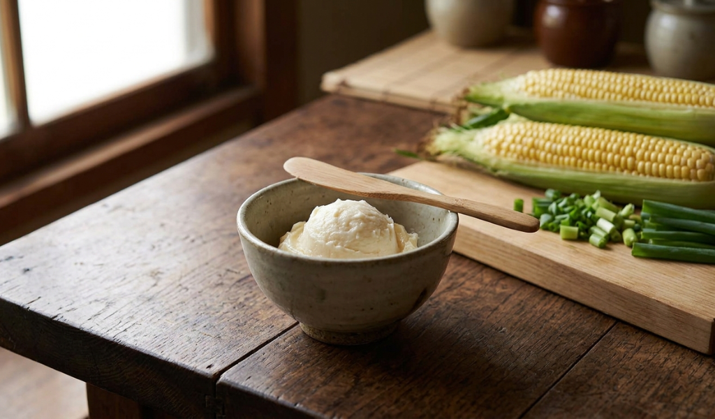 White miso integrated into softened butter with a wooden spreader, sitting next to ears of fresh corn and green onions.