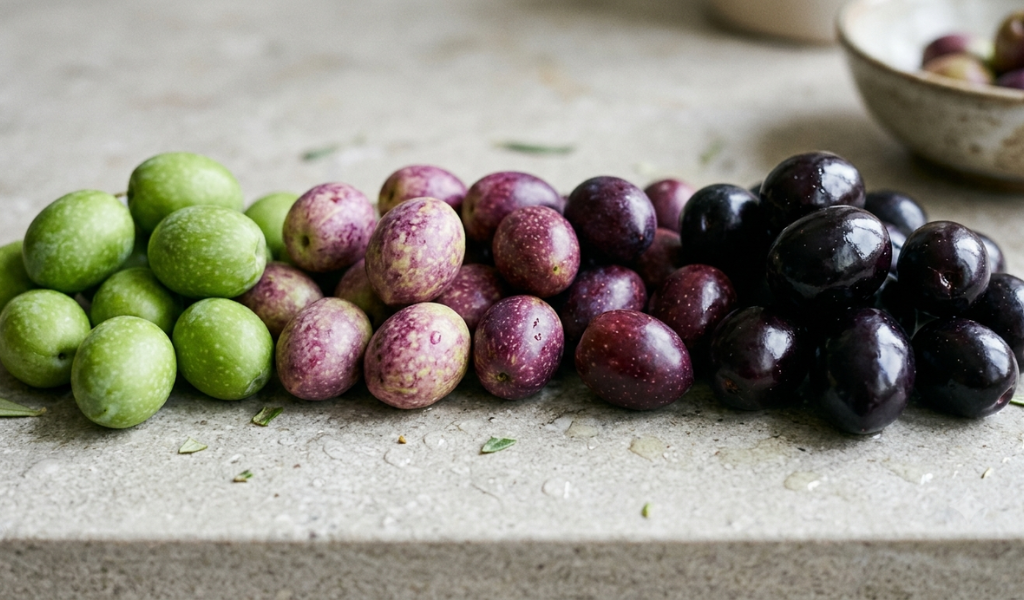 A close-up shot showcasing the color transition of olives from firm bright green to deep glossy black on a stone surface.