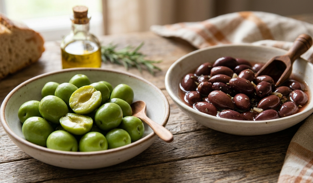 Presentation of green Castelvetrano olives next to dark, almond-shaped Greek Kalamata olives in shallow serving bowls.