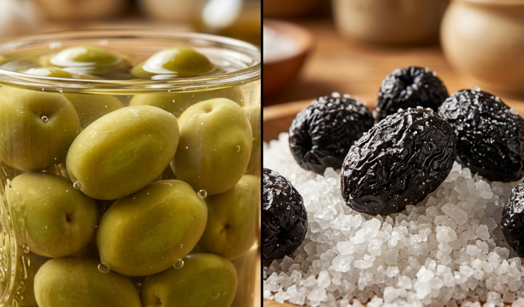 A side-by-side macro photo comparing plump olives submerged in clear liquid brine to wrinkled, dry-salt cured black olives.