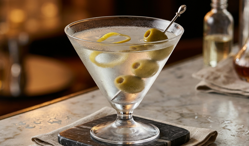 A chilled crystal martini glass filled with a clear cocktail and garnished with three large green Gordal olives on a silver pick.
